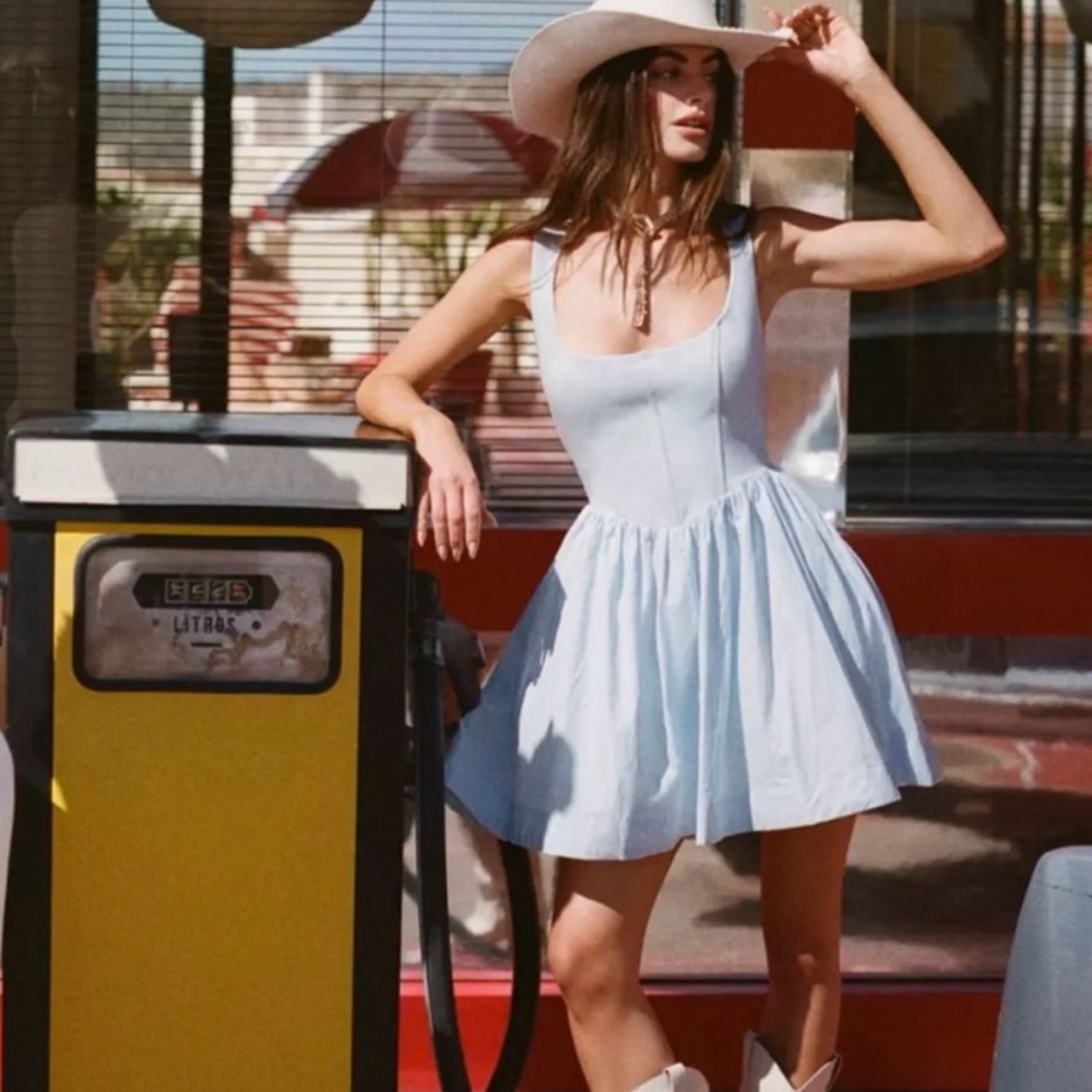 BHLDN US Small Jemma Scoop Neck Fit & Flare Mini Dress Powder Blue‎